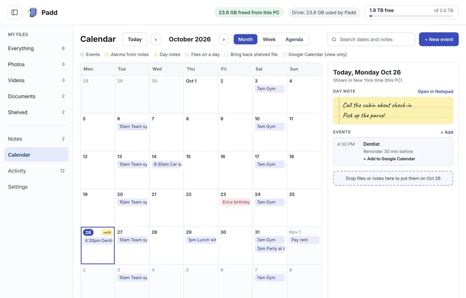 Padd calendar on Windows